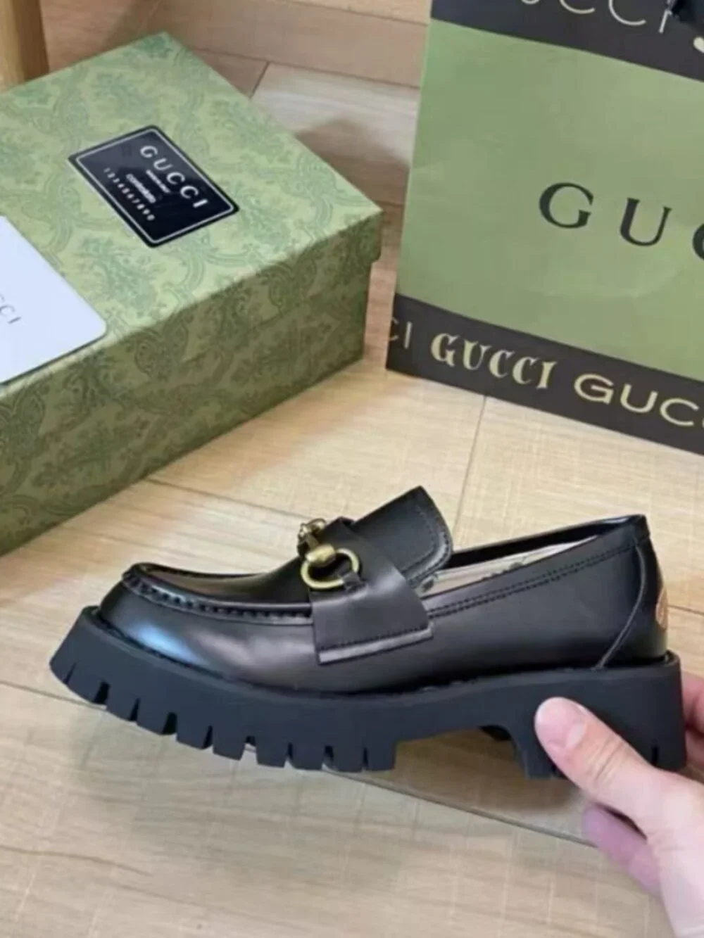 Gucci Black Leather Lug Sole Loafers